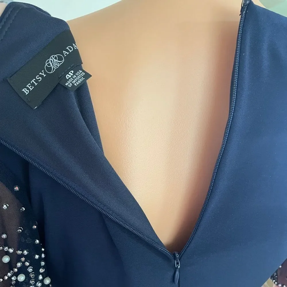Betsy & Adam Navy Midi Dress with‎ Embellished Sleeves Sz. 4P